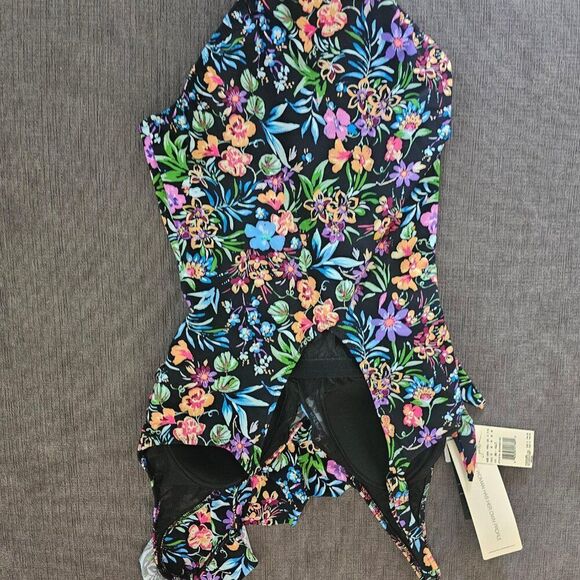 Gottex Flora Floral Tie Front black V-neck Shirred One Piece Swimsuit Size 12 - Picture 14 of 16